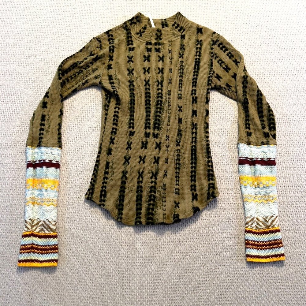 Free People Olive Green Patterned Long Sleeve Top with Multicolor Cuffs